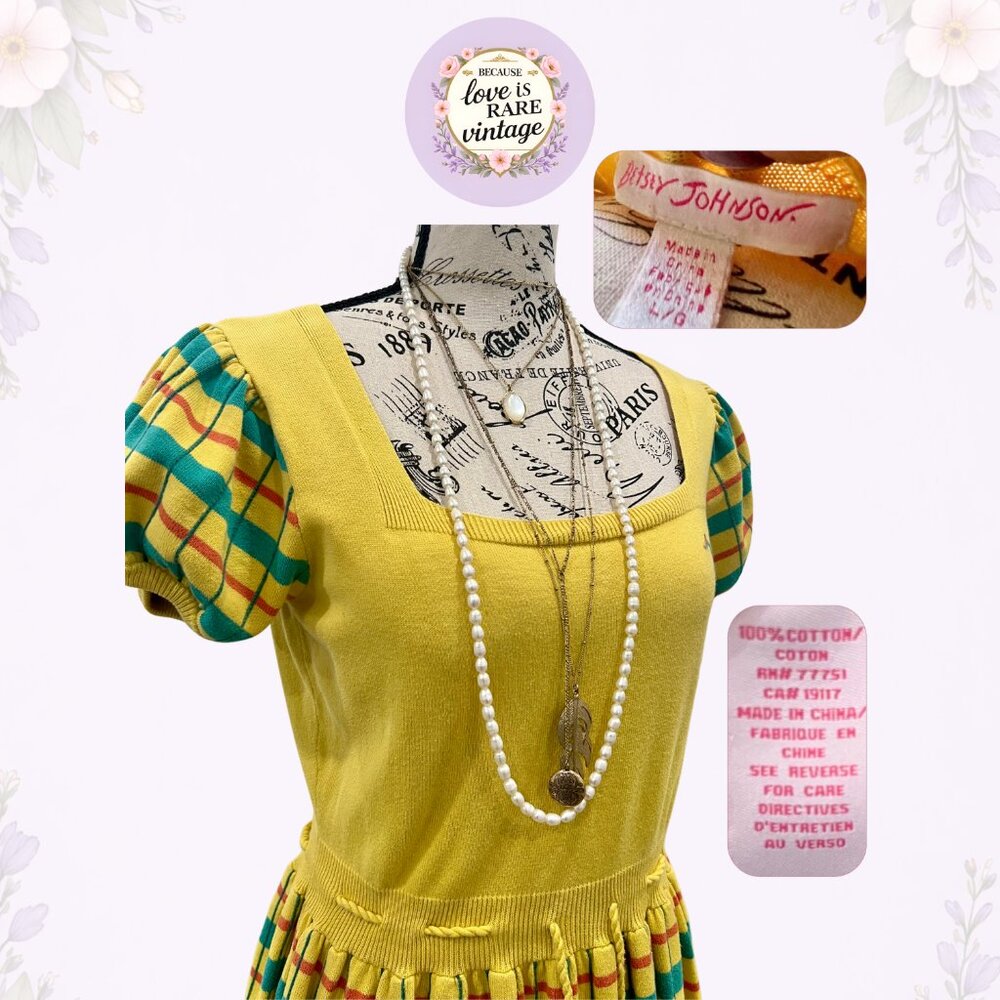 Y2K Betsey Johnson Yellow Plaid Knit Dress • Mod Puff Sleeve Midi • 100% Cotton - Picture 8 of 9